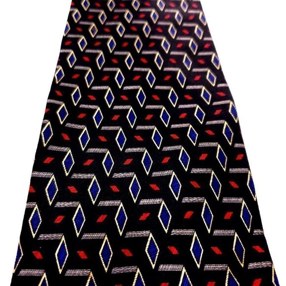Ferrell Reed Nordstrom Silk‎ Tie Black Red Blue Geometric USA Wide - Picture 2 of 6